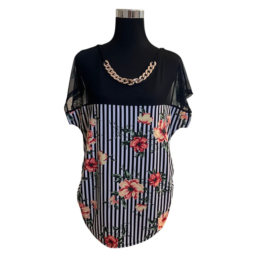 NWT Woman's First Love Floral Short Sleeve Blouse Sheer Top Gold Link Chain 1X